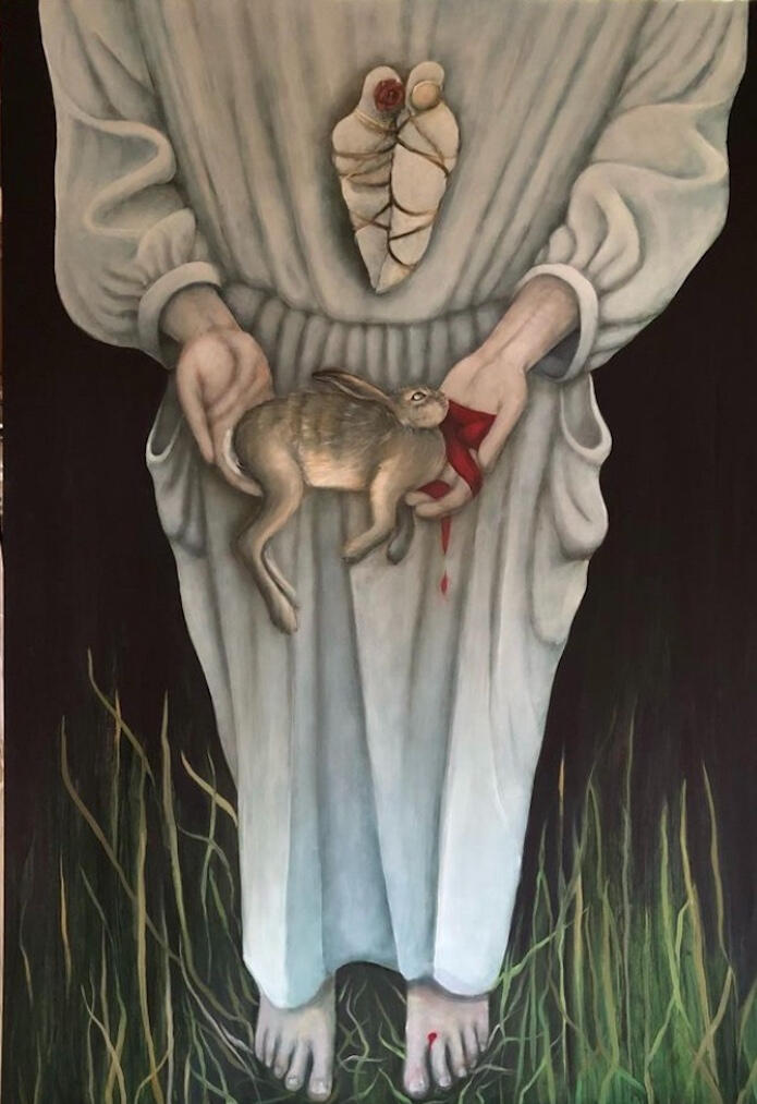 Poppets and a Dead Hare Oil on board 120 x 80cm 2023