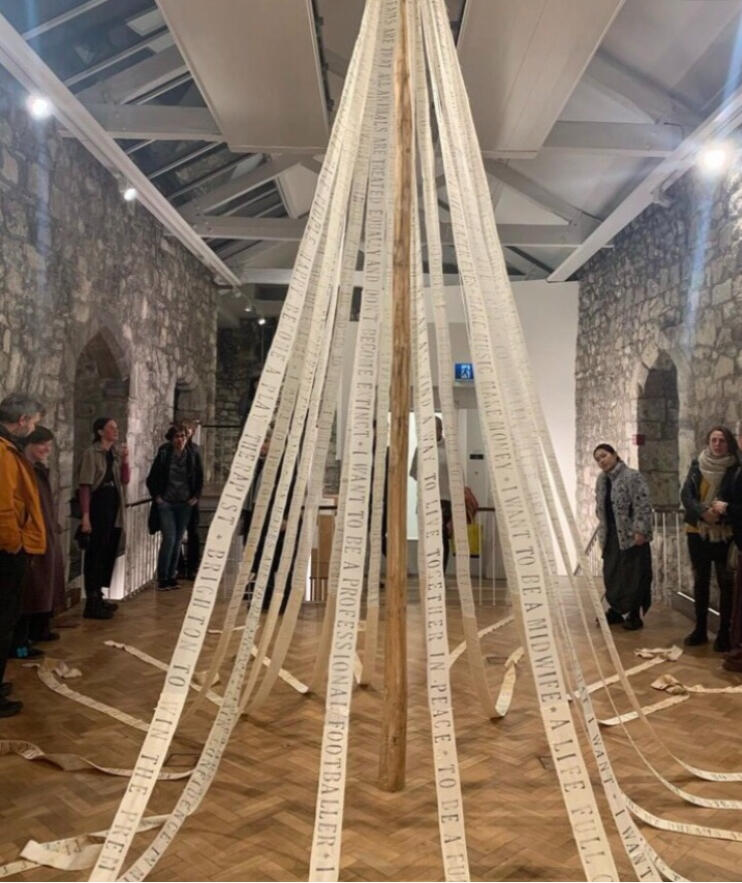 Having been awarded a Turning Point bursary from aspace , Southampton I made this maypole and handprinted the hopes and dreams of local primary school children and 6th formers gathered after the pandemic.