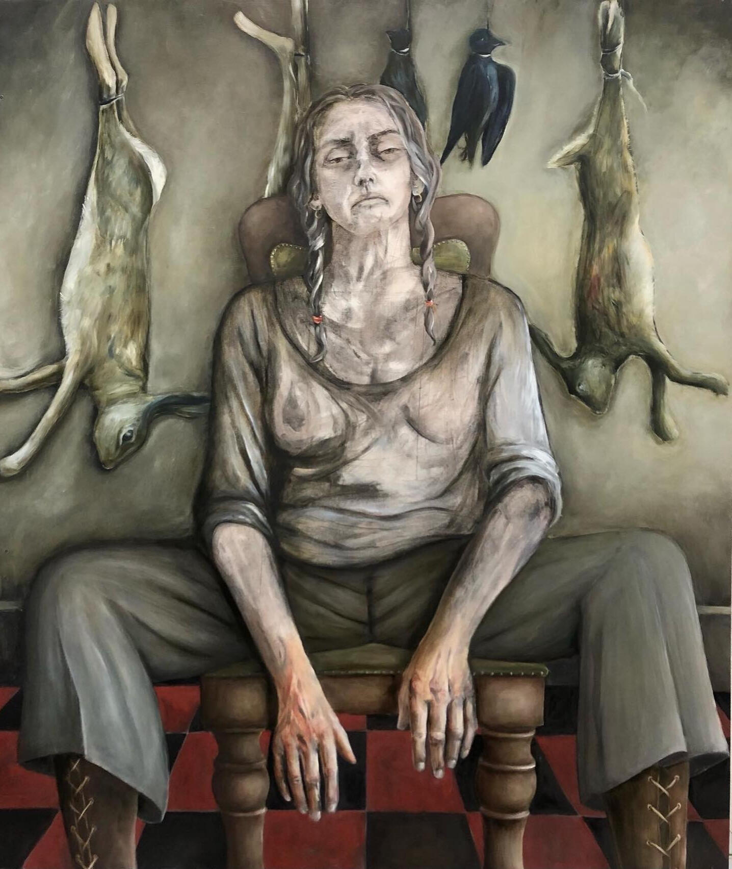 Grandaughter of a Poacher. Self portrait. Selected for Wells Art Contemporary 2022. Oil on board 142 x 125cm